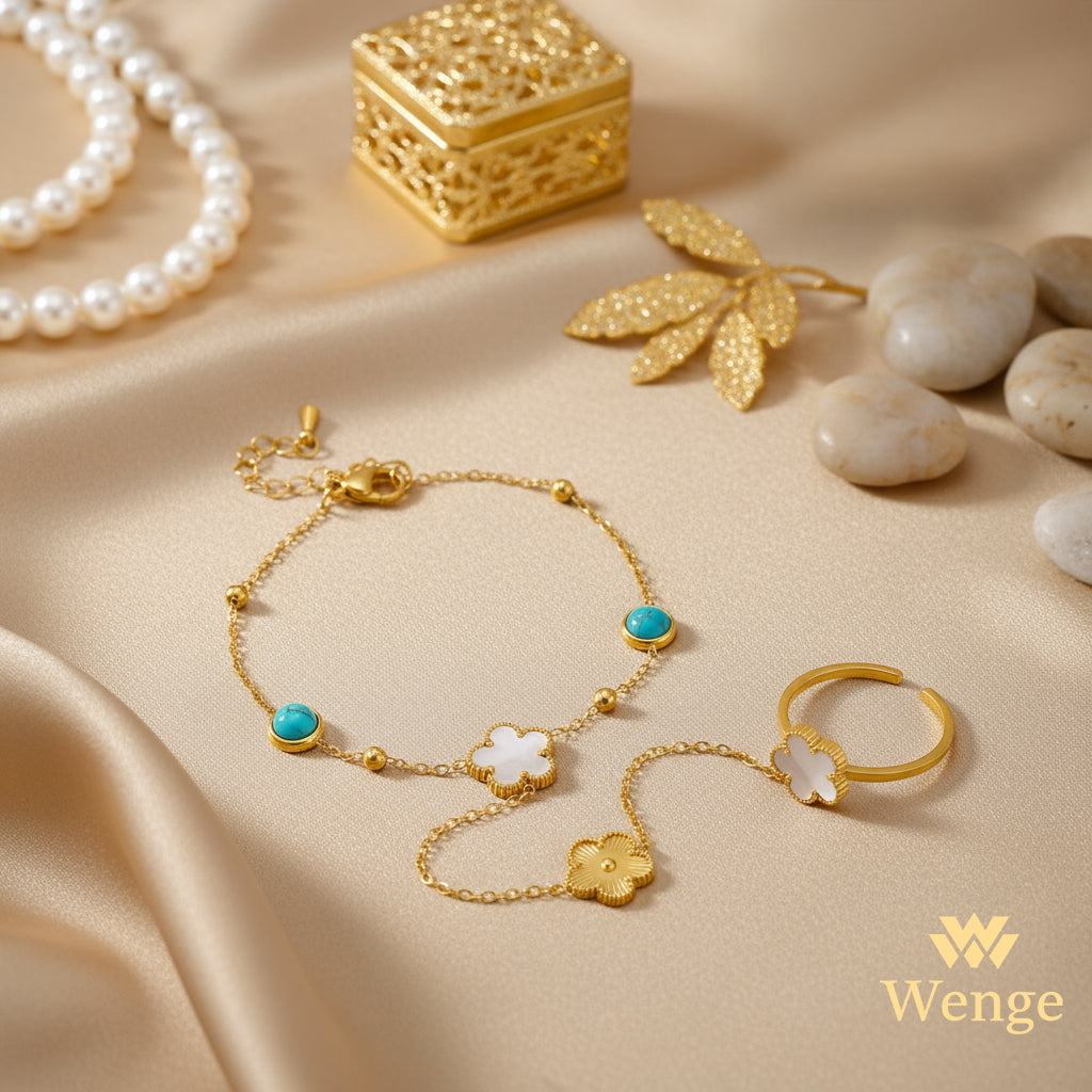 Floral Link Bracelet with Ring – 18k Gold Plated