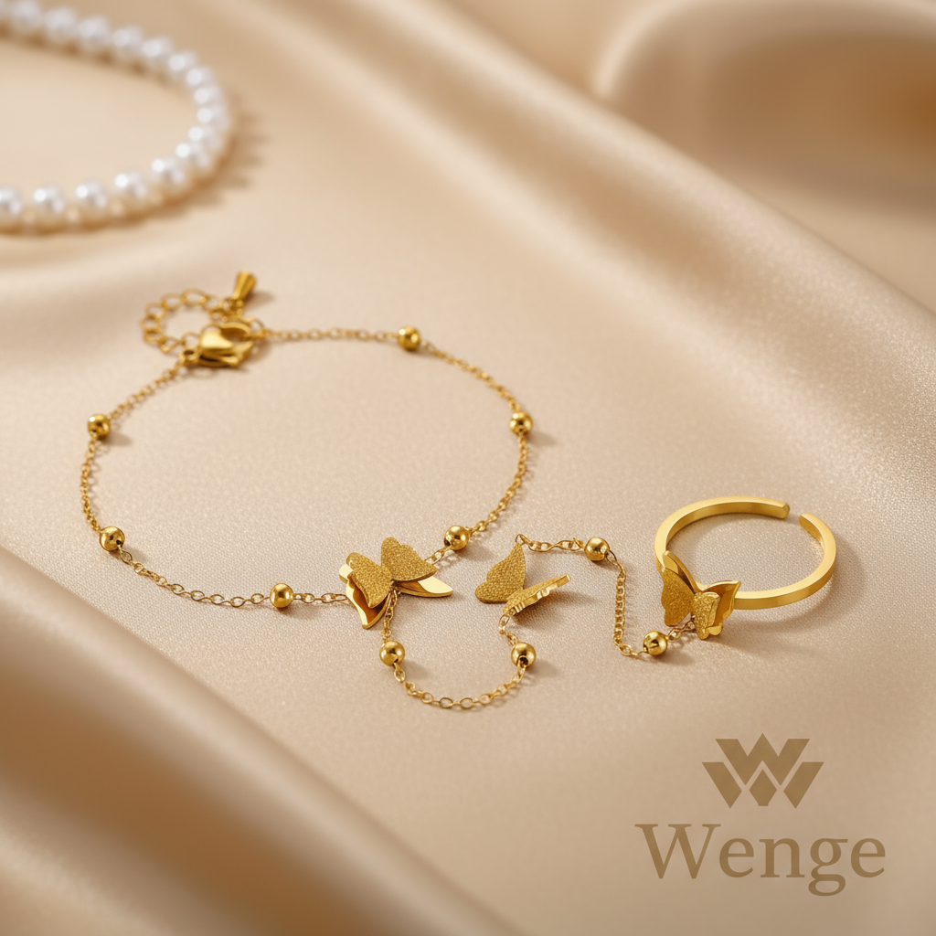 Butterfly Charm Bracelet with Ring - 18k Gold Plated